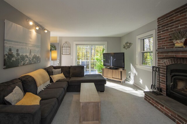 carpeted living room featuring rail lighting and a wealth of natural light