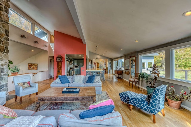 living room with hardwood / wood-style floors, a healthy amount of sunlight, and vaulted ceiling