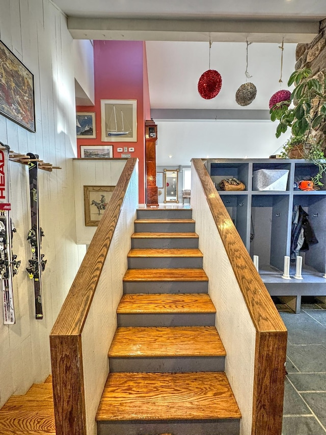 428 Pearl Lake Rd, Sugar Hill, NH 03586 - stairs featuring wood walls
