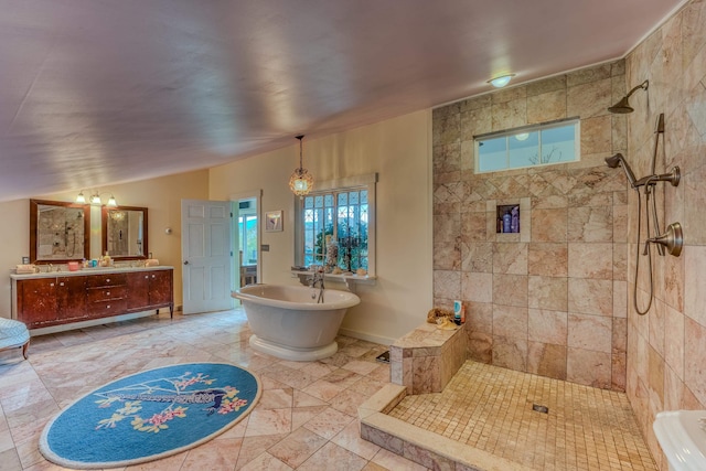 428 Pearl Lake Rd, Sugar Hill, NH 03586 - bathroom with vanity, walk in shower, a freestanding tub, and vaulted ceiling