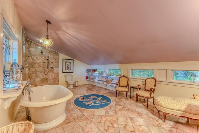 bathroom with plus walk in shower, vaulted ceiling, and toilet