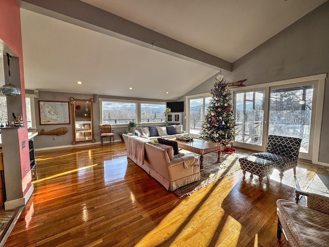 428 Pearl Lake Rd, Sugar Hill, NH 03586 - living room featuring vaulted ceiling, hardwood / wood-style flooring, and recessed lighting