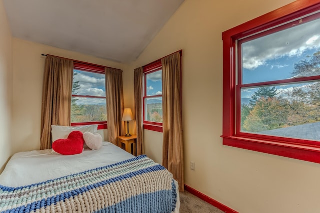 bedroom with carpet flooring, lofted ceiling, and multiple windows