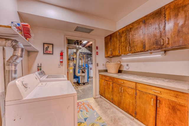428 Pearl Lake Rd, Sugar Hill, NH 03586 - laundry room featuring cabinet space, washer and clothes dryer, and water heater