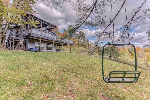 428 Pearl Lake Rd, Sugar Hill, NH 03586 - view of grassy yard with a deck and stairway