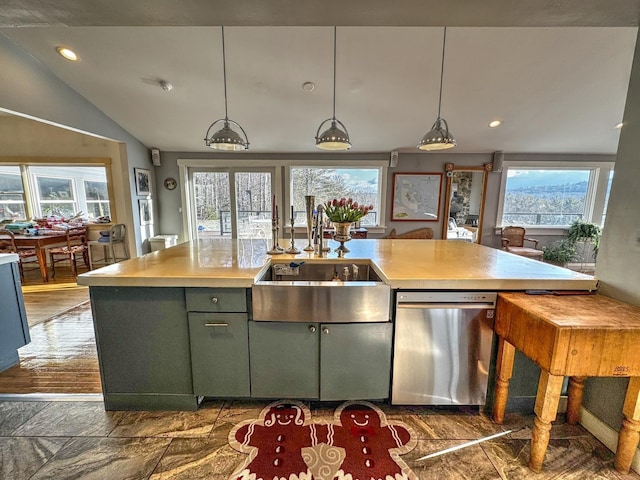 428 Pearl Lake Rd, Sugar Hill, NH 03586 - kitchen with stainless steel dishwasher, light countertops, recessed lighting, a kitchen island, and decorative light fixtures
