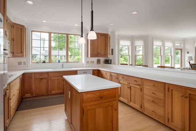 kitchen with a kitchen island, decorative light fixtures, sink, light wood-type flooring, and white appliances