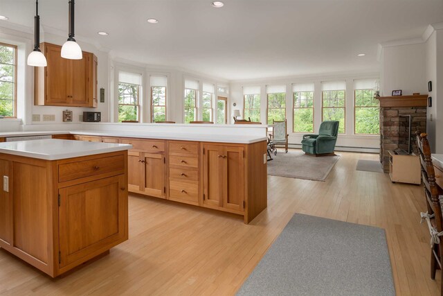 kitchen featuring a stone fireplace, pendant lighting, a baseboard radiator, ornamental molding, and light hardwood / wood-style floors