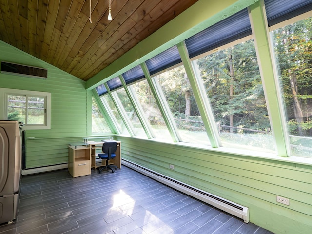 unfurnished sunroom with washer / clothes dryer, a baseboard radiator, lofted ceiling, and wooden ceiling