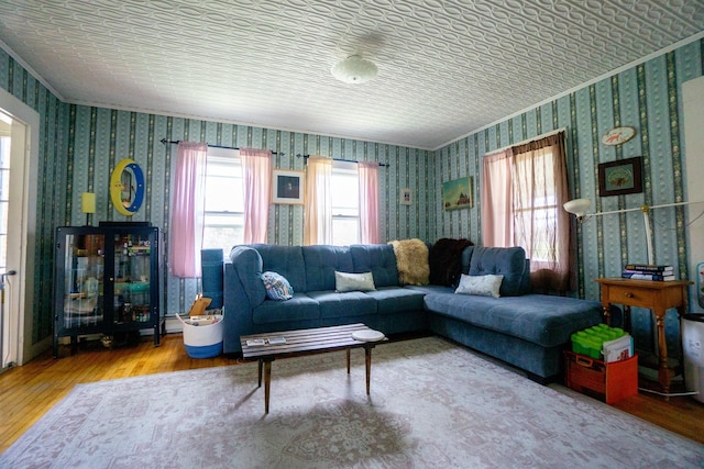 living room featuring wood-type flooring and ornamental molding