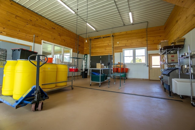 garage featuring wood walls