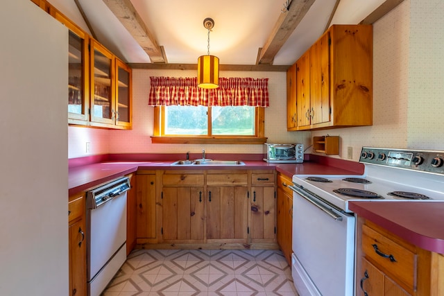 kitchen featuring dishwasher, beam ceiling, white electric stove, and decorative light fixtures