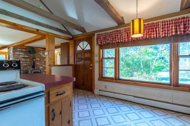 kitchen featuring a wood stove, a baseboard radiator, brick wall, white electric stove, and pendant lighting