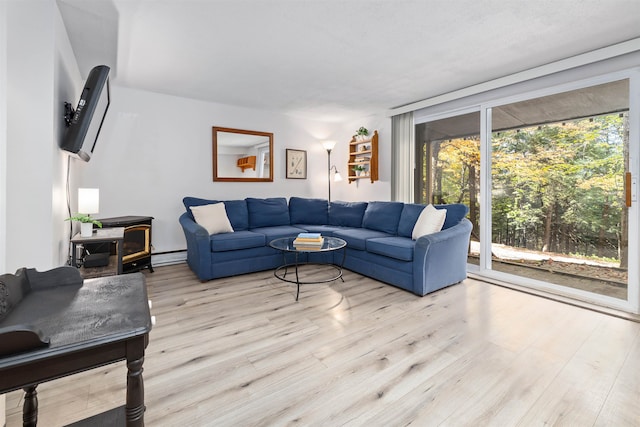 living room with a baseboard radiator, a wood stove, and light wood-type flooring