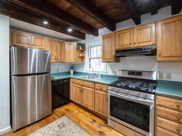 kitchen featuring beamed ceiling, wood ceiling, sink, appliances with stainless steel finishes, and light hardwood / wood-style floors