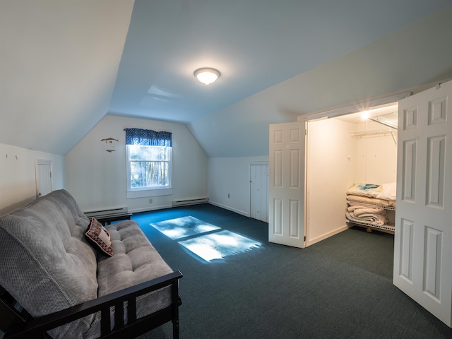 bonus room featuring lofted ceiling, a baseboard radiator, and dark carpet