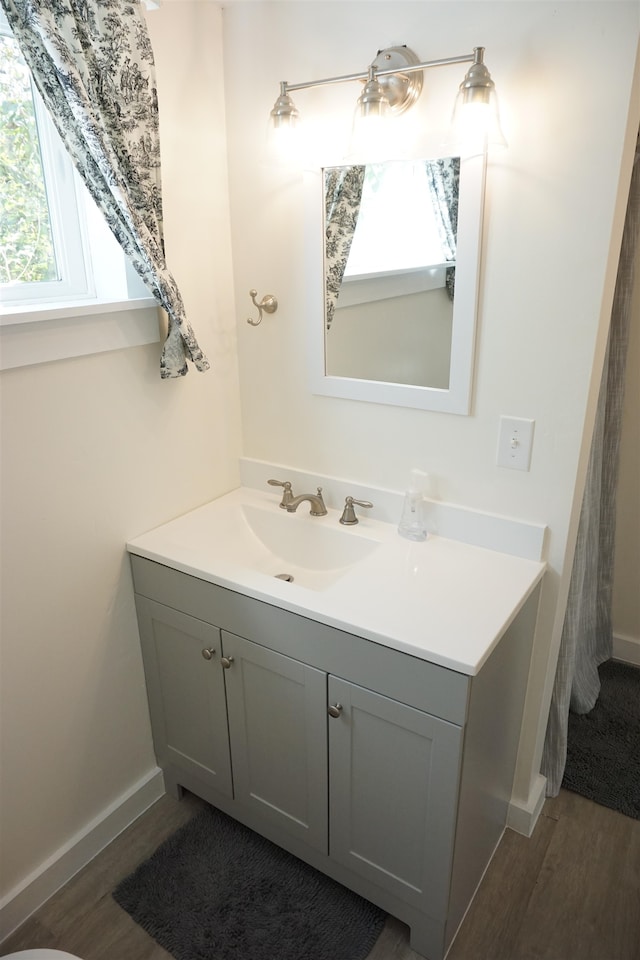 bathroom featuring vanity, hardwood / wood-style floors, and a wealth of natural light