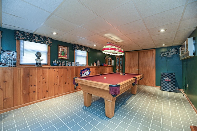 recreation room featuring billiards, wooden walls, and a paneled ceiling