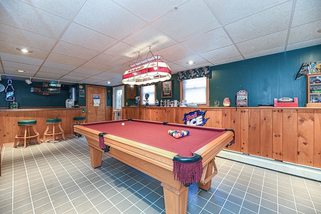 playroom featuring pool table, wooden walls, a paneled ceiling, and tile patterned flooring