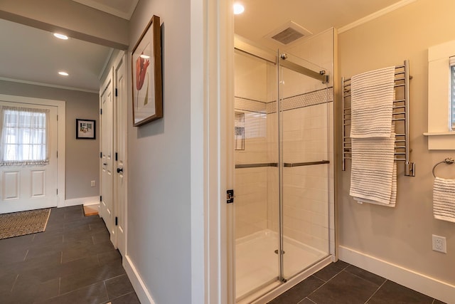 bathroom with walk in shower, crown molding, radiator heating unit, and tile patterned floors