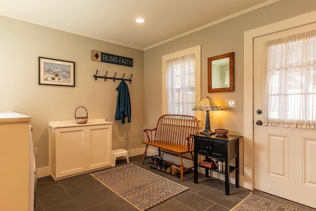 mudroom with dark tile patterned flooring, crown molding, and a wealth of natural light