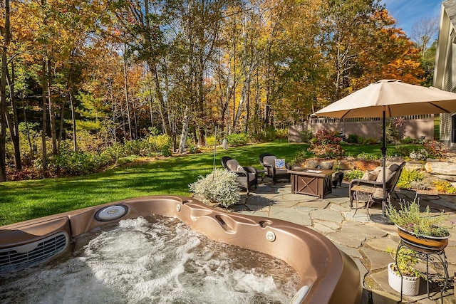 view of patio featuring a hot tub