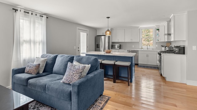 interior space with light hardwood / wood-style flooring and sink