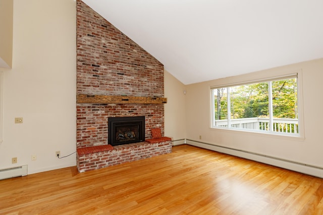 unfurnished living room with a baseboard radiator, a fireplace, high vaulted ceiling, and hardwood / wood-style flooring