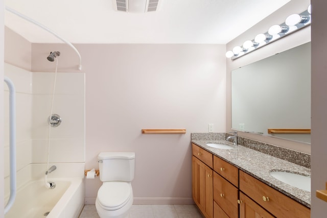 full bathroom featuring shower / bath combination, vanity, tile patterned flooring, and toilet