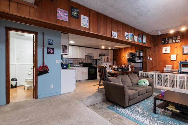 carpeted living room with wooden walls and a textured ceiling