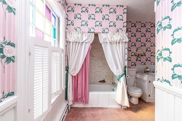 bathroom featuring toilet, shower / tub combo with curtain, and wallpapered walls