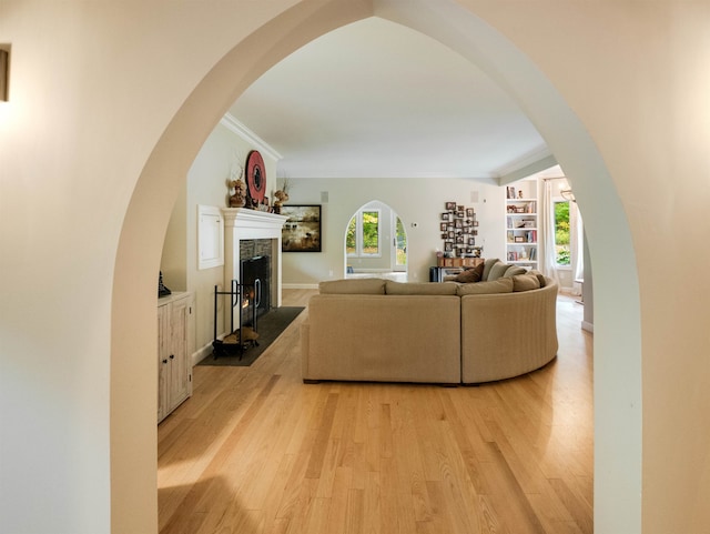 living room with light hardwood / wood-style floors and crown molding