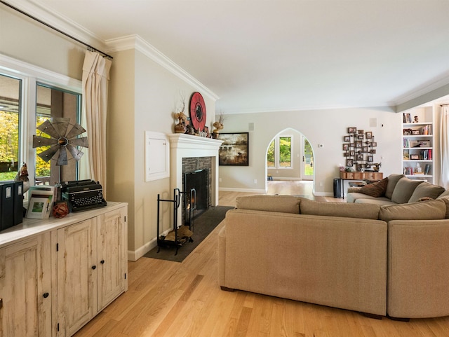 living room with light wood-type flooring and ornamental molding