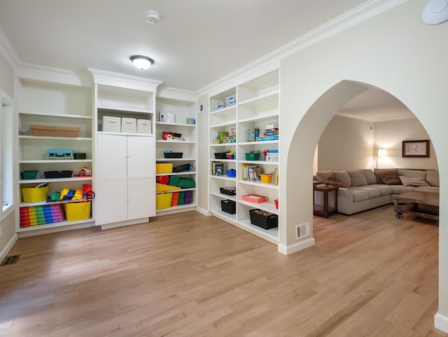 playroom featuring light hardwood / wood-style floors and ornamental molding