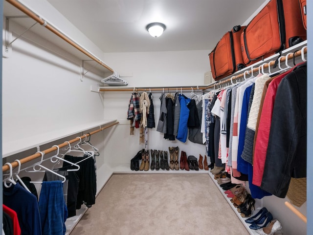 walk in closet featuring light carpet