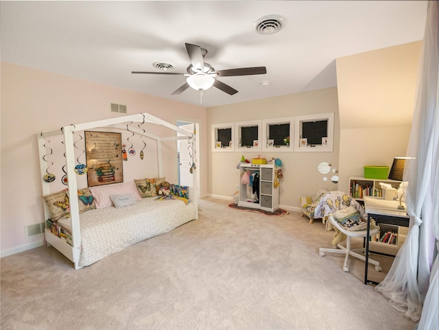 bedroom with ceiling fan and carpet