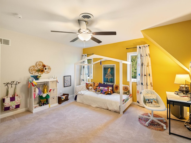 carpeted bedroom with ceiling fan