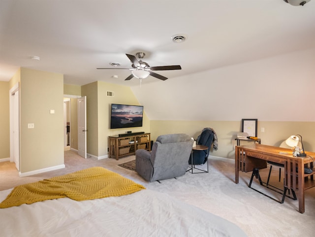 bedroom featuring ceiling fan, light carpet, and lofted ceiling