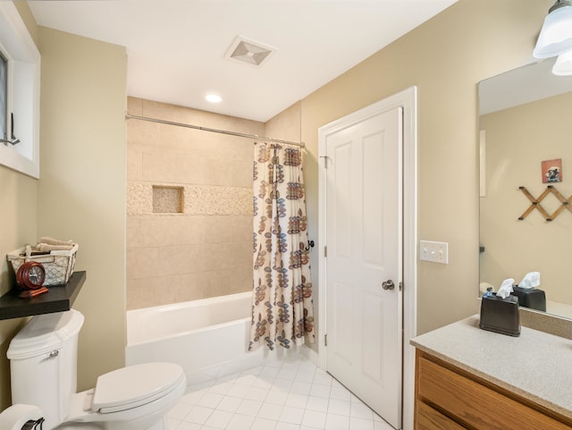 full bathroom with tile patterned flooring, vanity, shower / tub combo with curtain, and toilet