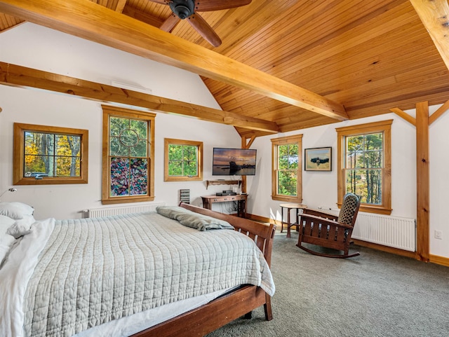 bedroom featuring carpet floors, lofted ceiling with beams, ceiling fan, radiator, and wooden ceiling