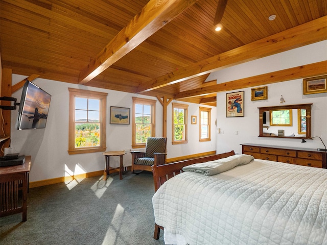 carpeted bedroom with beamed ceiling and wooden ceiling