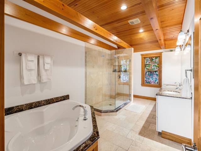 bathroom with vanity, beamed ceiling, wood ceiling, and separate shower and tub