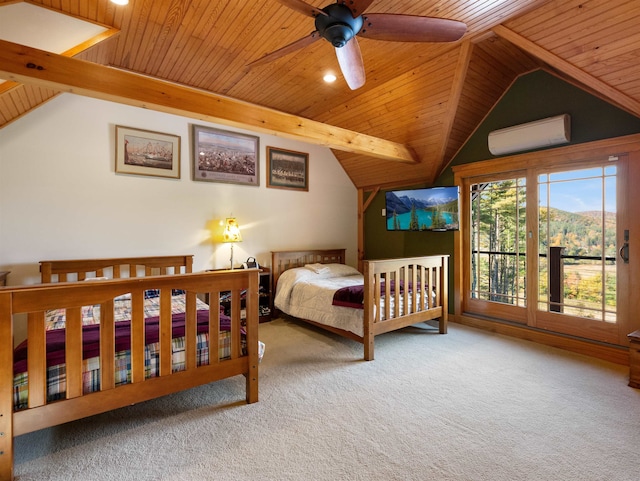 bedroom featuring carpet floors, vaulted ceiling with beams, wood ceiling, and an AC wall unit