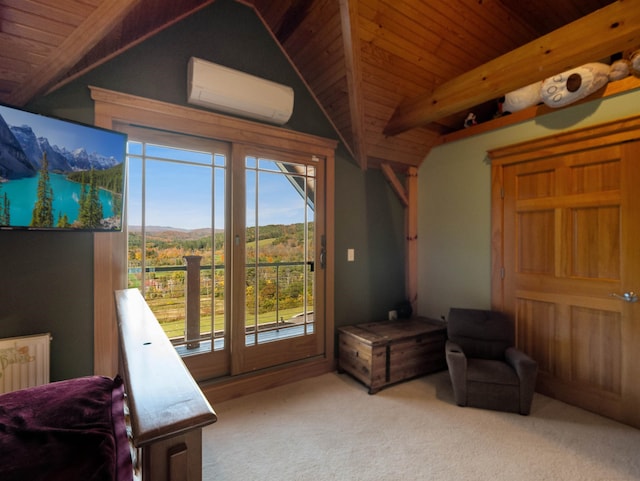 interior space featuring access to outside, a wall mounted AC, beamed ceiling, and a mountain view