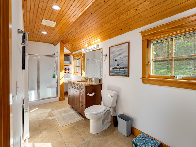 bathroom with vanity, wood ceiling, toilet, walk in shower, and tile patterned flooring