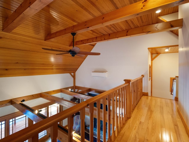 corridor featuring lofted ceiling with beams, wood ceiling, and light hardwood / wood-style flooring