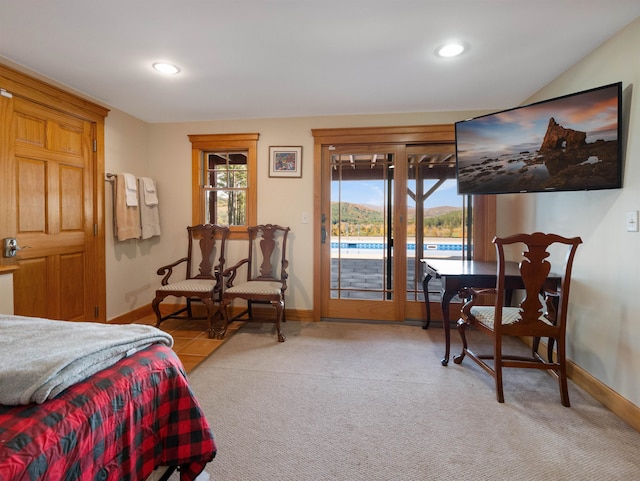 carpeted bedroom featuring access to exterior and multiple windows