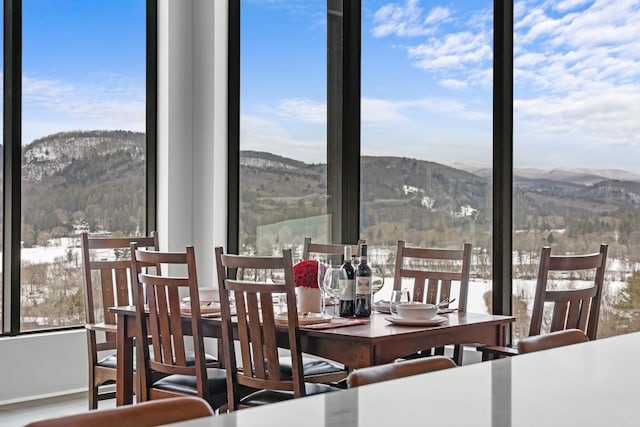 unfurnished dining area featuring a mountain view