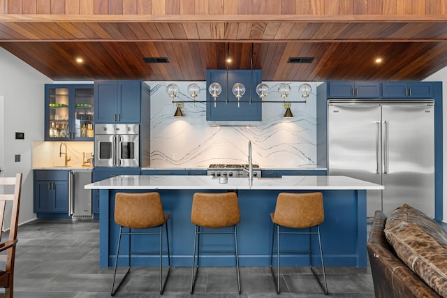 kitchen with tasteful backsplash, blue cabinetry, wood ceiling, an island with sink, and appliances with stainless steel finishes