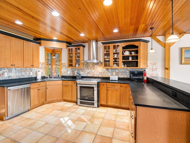 kitchen featuring wall chimney exhaust hood, pendant lighting, wooden ceiling, sink, and stainless steel appliances